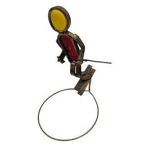 Vintage Handcrafted Welded Stained Glass Ski Skiing Man Mid Century Red Yellow